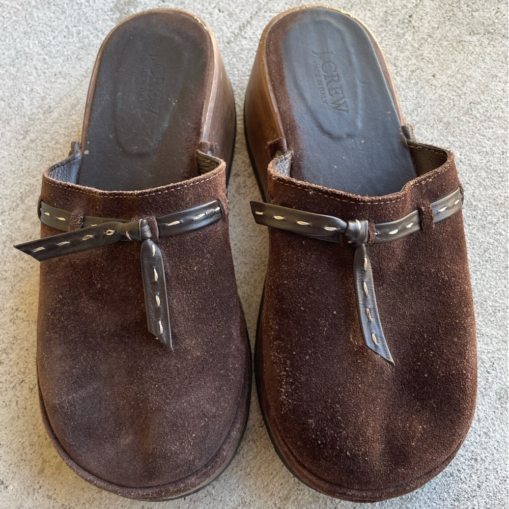 J Crew Vintage Brown Suede Wood‎ Chunky Clogs 7 Bow Y2K Coquette Made In Italy